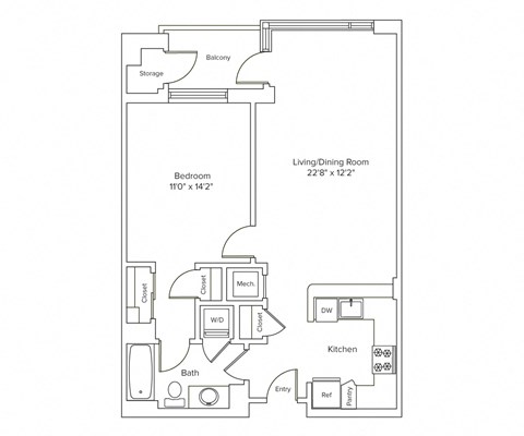 Floor plan for 1 bed, 1 bath, 771 sqft